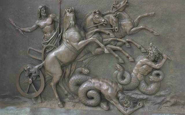 Carved relief of a sea god's chariot
