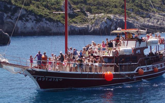 Traditional-style tour boat on the Ionian Sea
