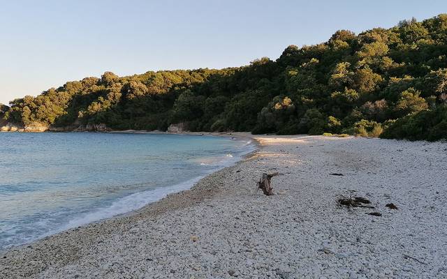Quiet pebble beach with a wooded headland