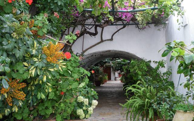 Flower-filled archway in Corfu